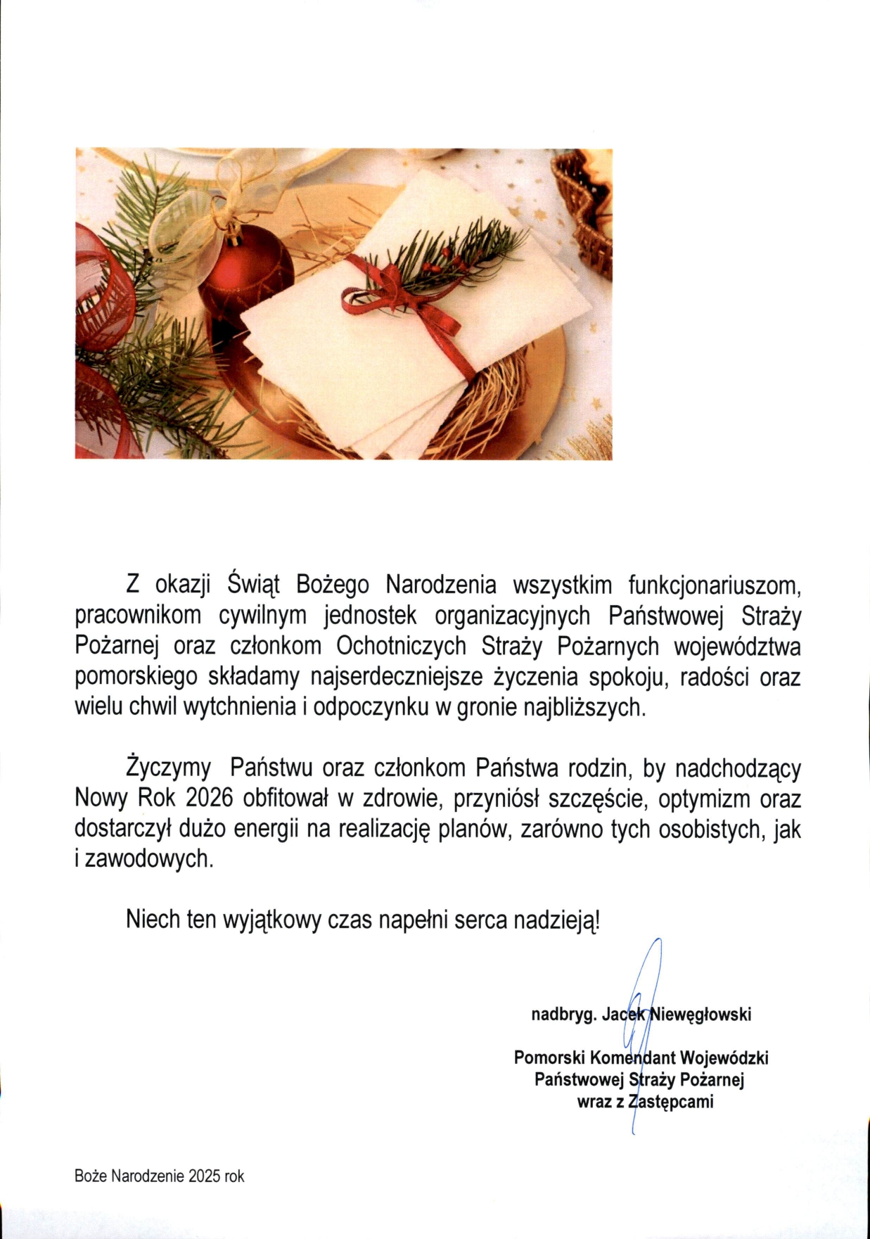 Życzenia Bożonarodzeniowe Pomorskiego Komendanta Wojewódzkiego Państwowej Straży Pożarnej