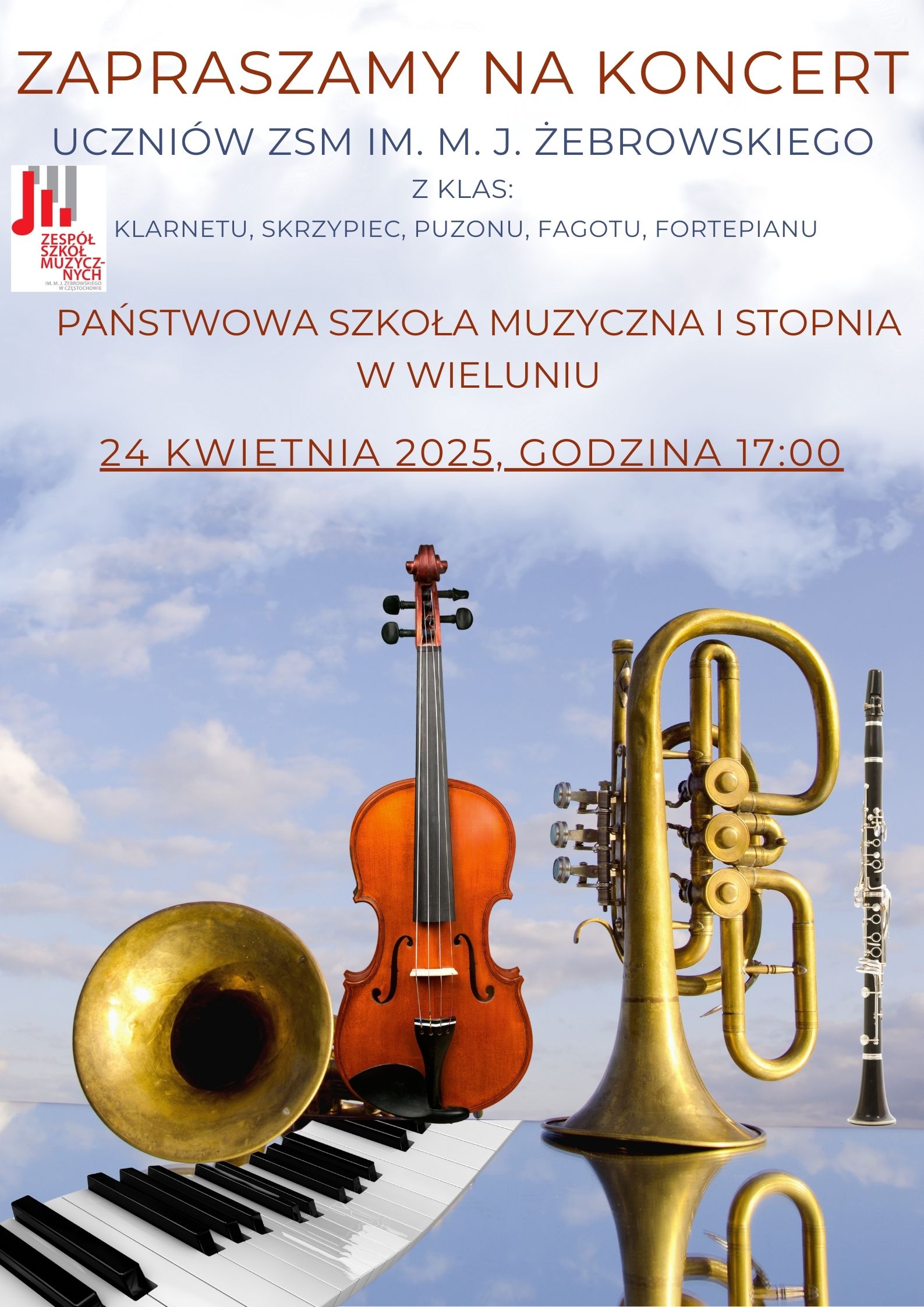 Błękitne tło i zdjęcia różnych instrumentów, tekst dotyczący koncertu uczniów ZSM w PSM I st. w Wieluniu, 24 kwietnia o godz. 17.00