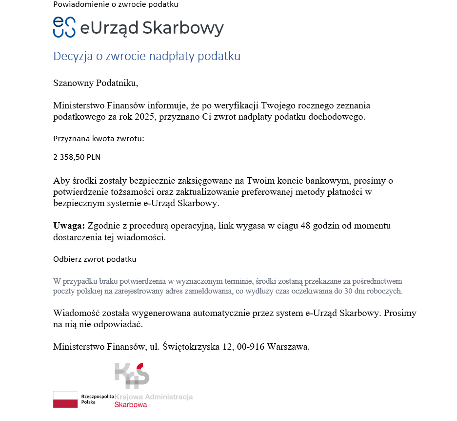 Powiadomienie z e-Urzędu Skarbowego zatytułowane „Decyzja o zwrocie nadpłaty podatku