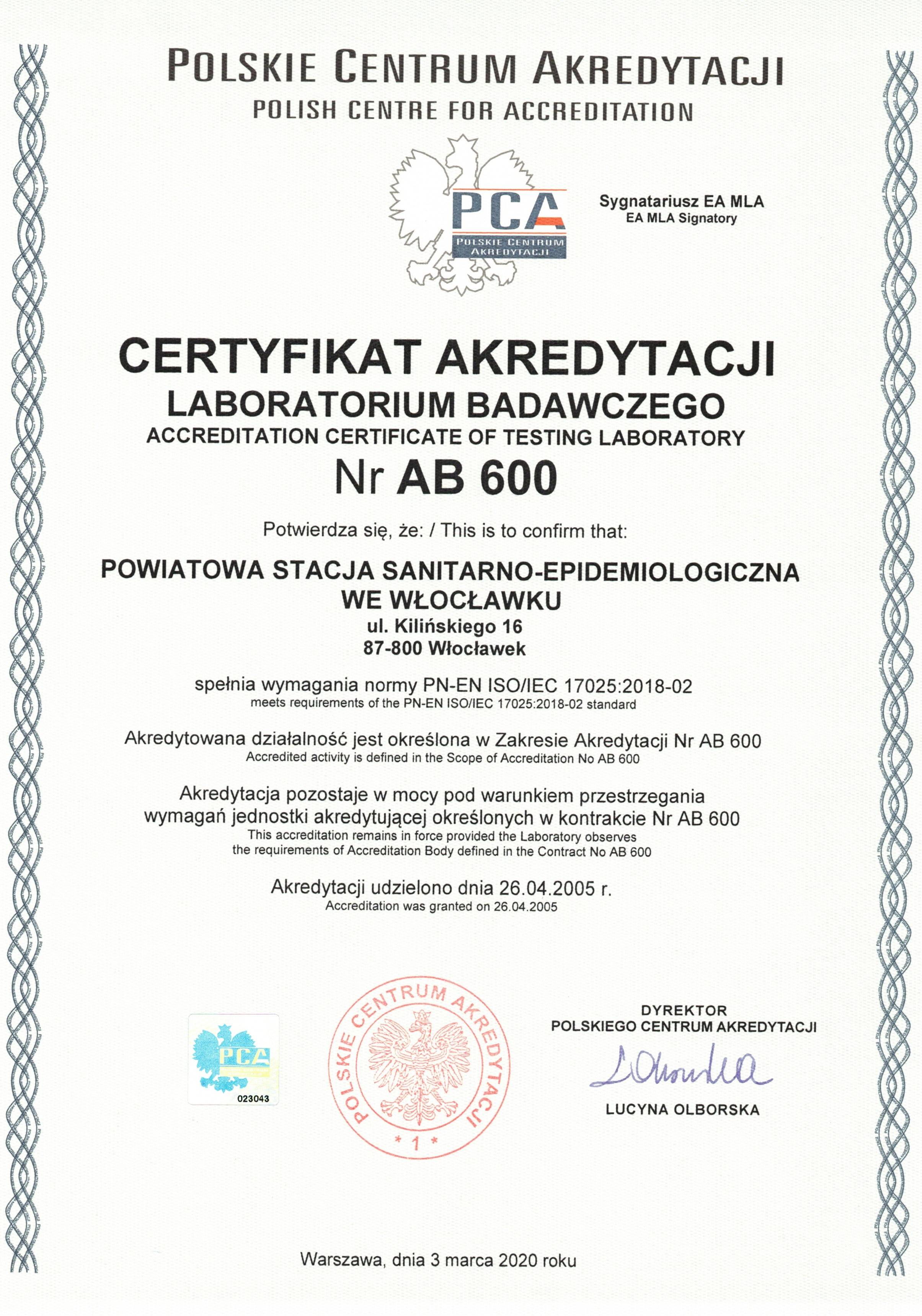 Certyfikat akredytacji Laboratorium Badawczego Nr AB 600 dla Powiatowej Stacji Sanitarno-Epidemiologicznej we Włocławku
