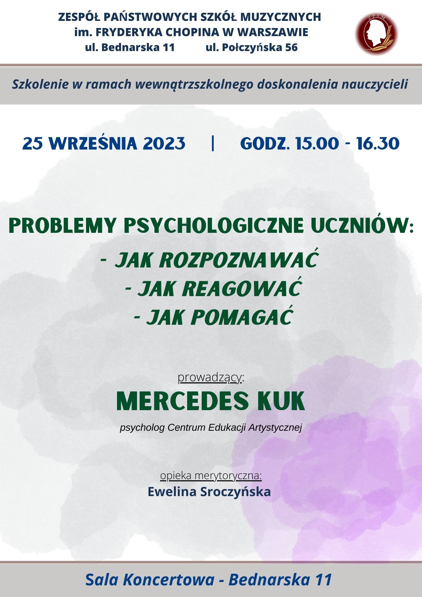Afisz szkolenia - 'Problemy psychologiczne uczniów'