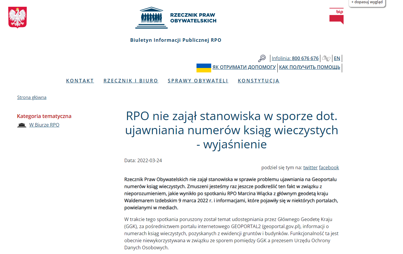 Ilustracja przedstawia zrzut ze strony internetowej Biura Rzecznika Praw Obywatelskich z wyjaśnieniami.