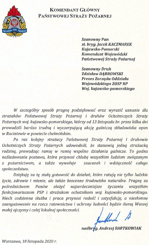 List – podziękowania nadbryg. Andrzeja Bartkowiaka komendanta głównego PSP
