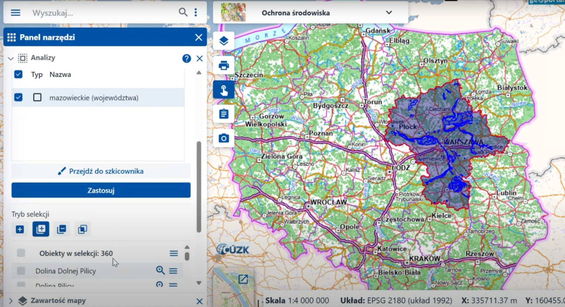 zrzut ekranu przedstawiający narzędzie "Analiza BDOT10k" w serwisie www.geoportal.gov.pl