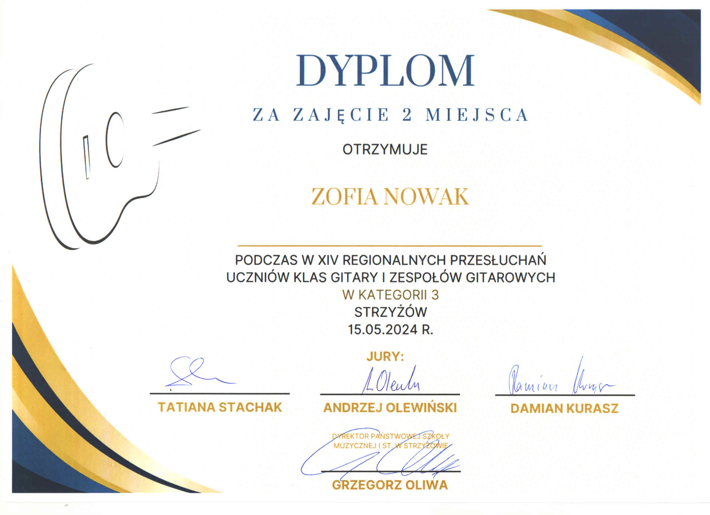 Sukces Zofii Nowak w XIV Przesłuchaniach Uczniów Klas Gitary i Zespołów Gitarowych w Państwowej Szkole Muzycznej I stopnia w Strzyżowie - 15 maja 2024 r.