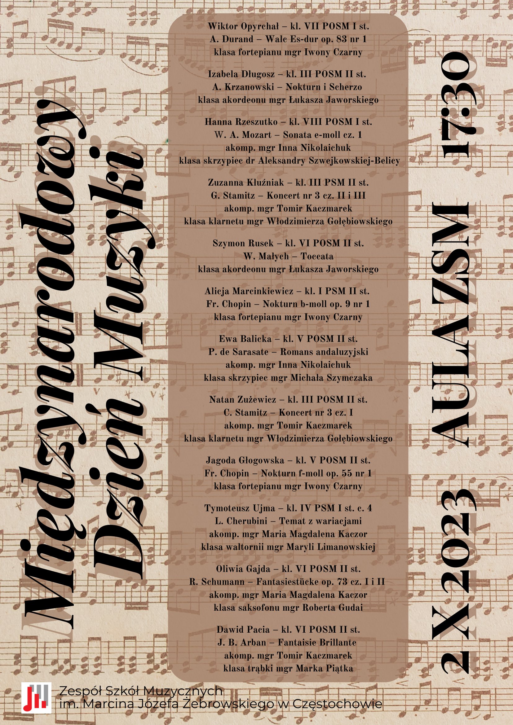 Na tle w nuty nazwa koncertu oraz program z wykonawcami