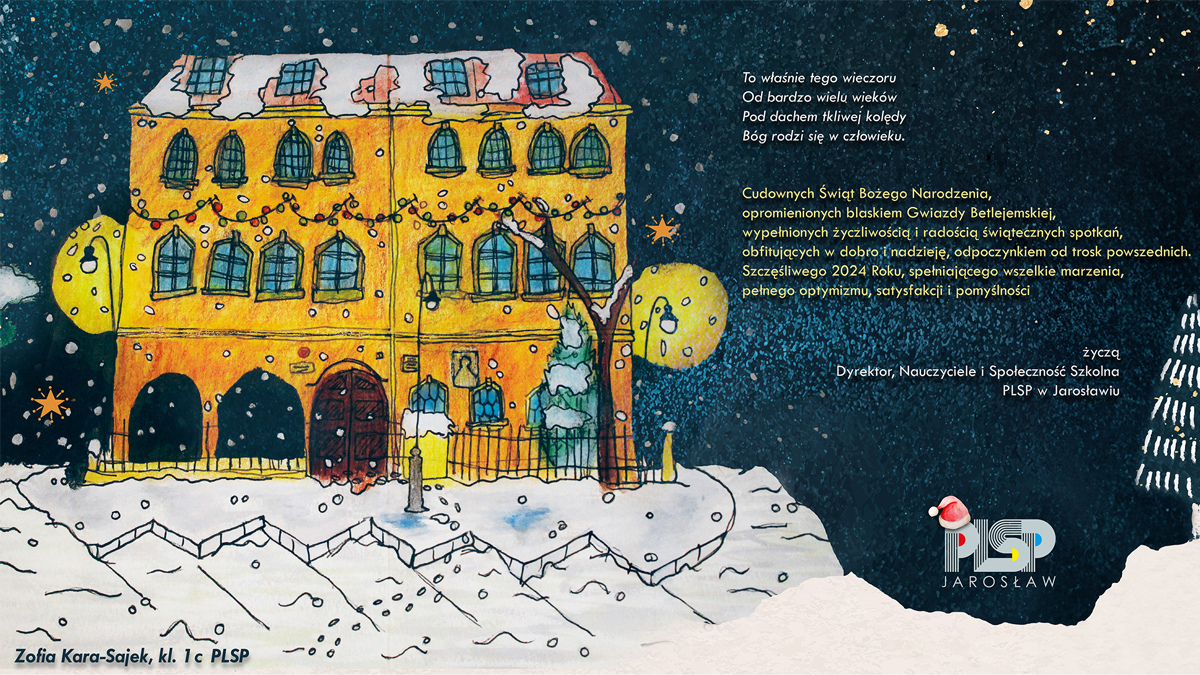 Na granatowym tle umieszczono w kolorze żółtym grafikę budynku szkoły. Po prawej stronie umieszczono świąteczne życzenia. W prawym dolnym rogu znajduje się logo szkoły.