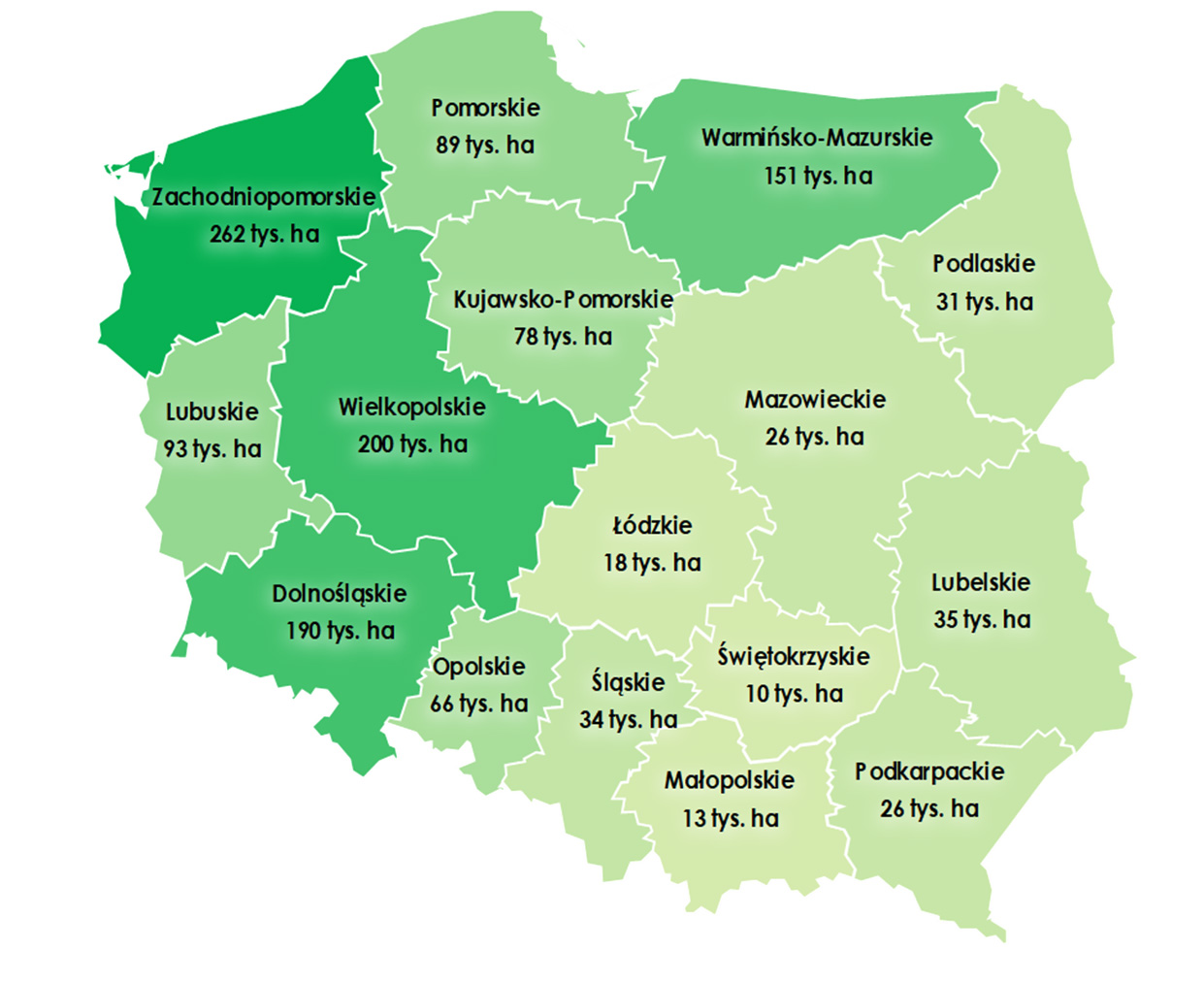 Rys. 1. Grunty pozostające w Zasobie WRSP (1 327,0 tys. ha) wg stanu na 30 czerwca 2025 r. w podziale na województwa 