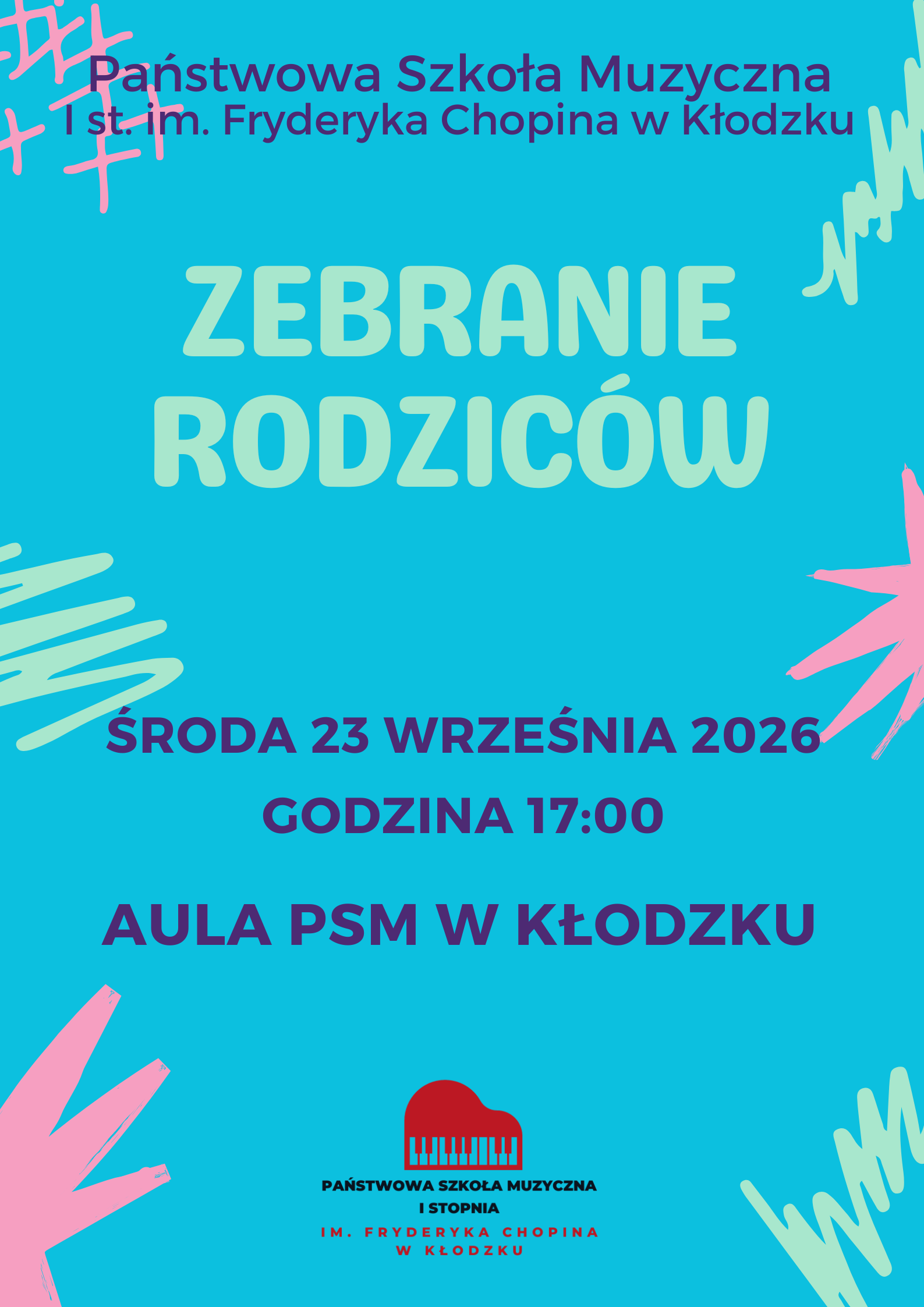 Plakat zapraszający rodziców na zebranie 23 września 2026 r. o godz. 17:00 w Auli PSM w Kłodzku.