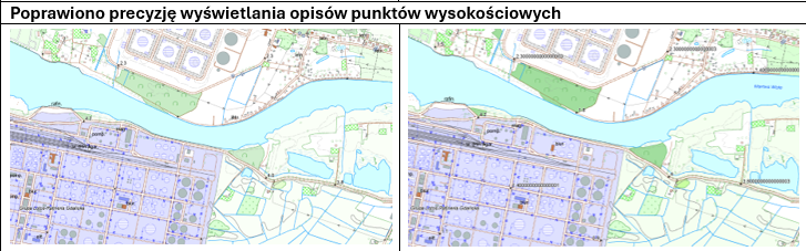 Ilustracja przedstawia przykład z poprawioną precyzją wyświetlania opisów punktów wysokościowych i przykład z błędną precyzją wyświetlania opisów punktów wysokościowych