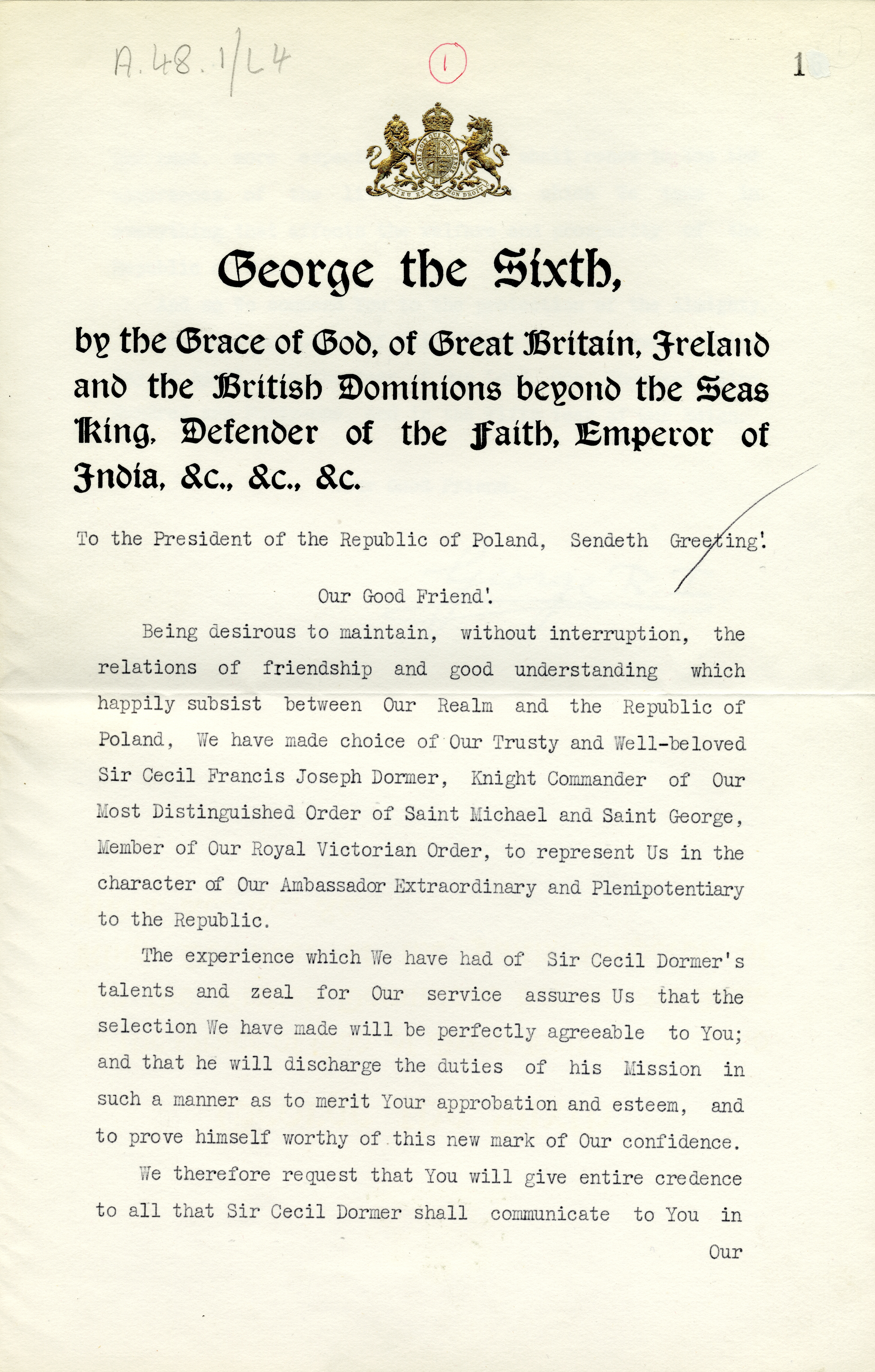 The credentials of British ambassador Cecil Francis Dormer signed by King George VI