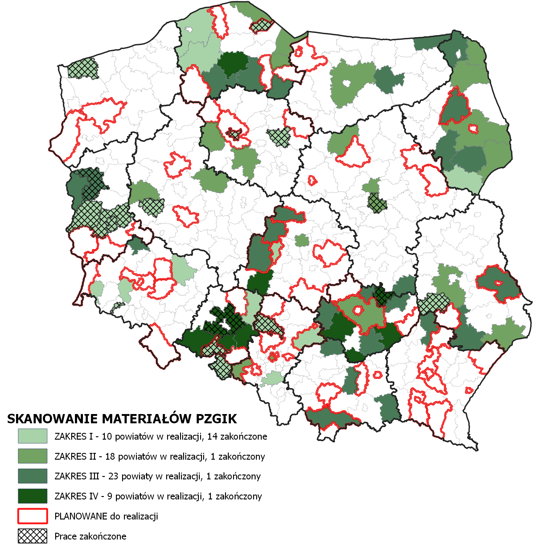 mapka z powiatami objętymi skanowaniem dokumentów