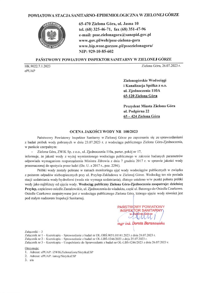 Ocen jakości wody Zielona Góra - Zjednoczenia