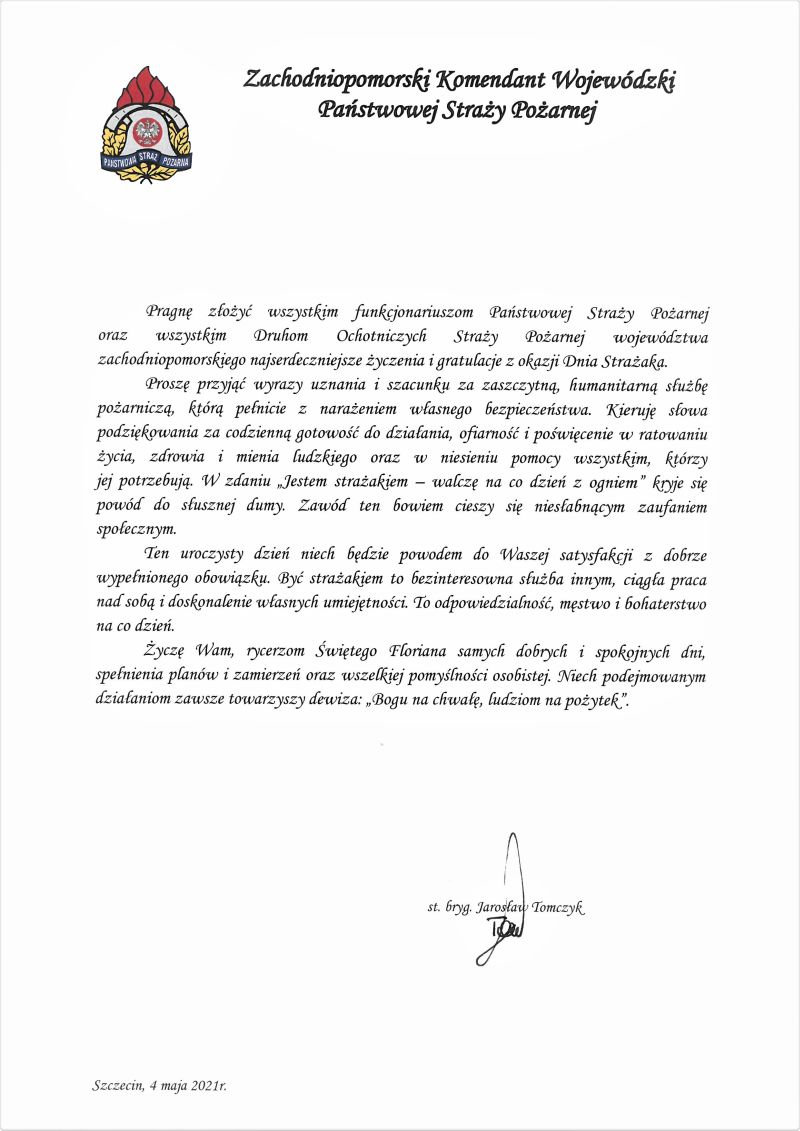 Życzenia Zachodniopomorskiego Komendanta Wojewódzkiego PSP na Dzień Strażaka 2021