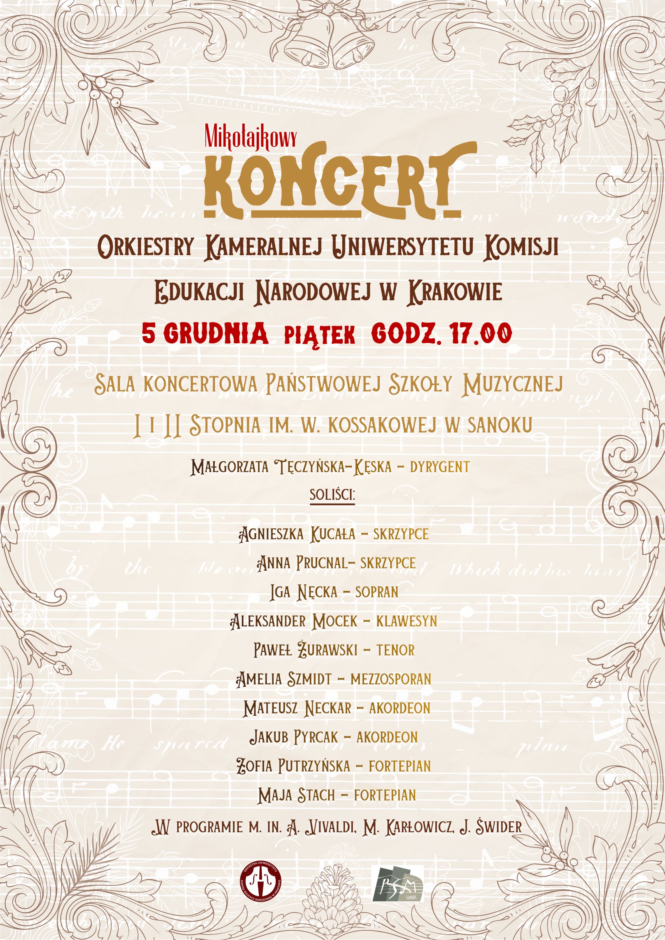 Plakat koncertu Orkiestry Kameralnej EKEN w Krakowie. Beżowe tło, brązowe litery