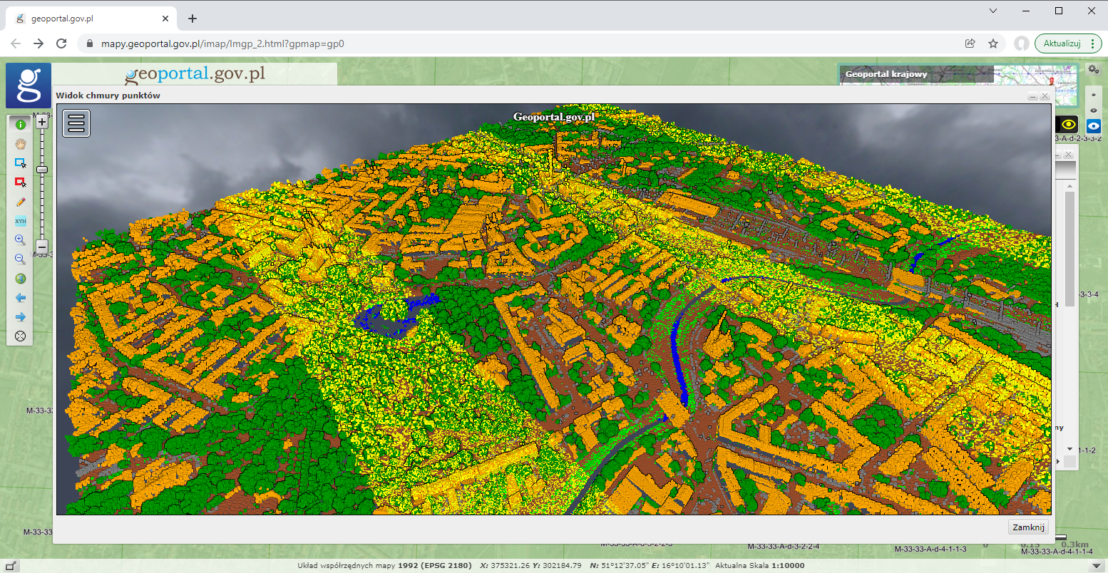 Ilustracja przedstawia zrzut ekranu z serwisu www.geoportal.gov.pl prezentujący widok chmury punktów danych pomiarowych LIDAR dla miasta Legnica