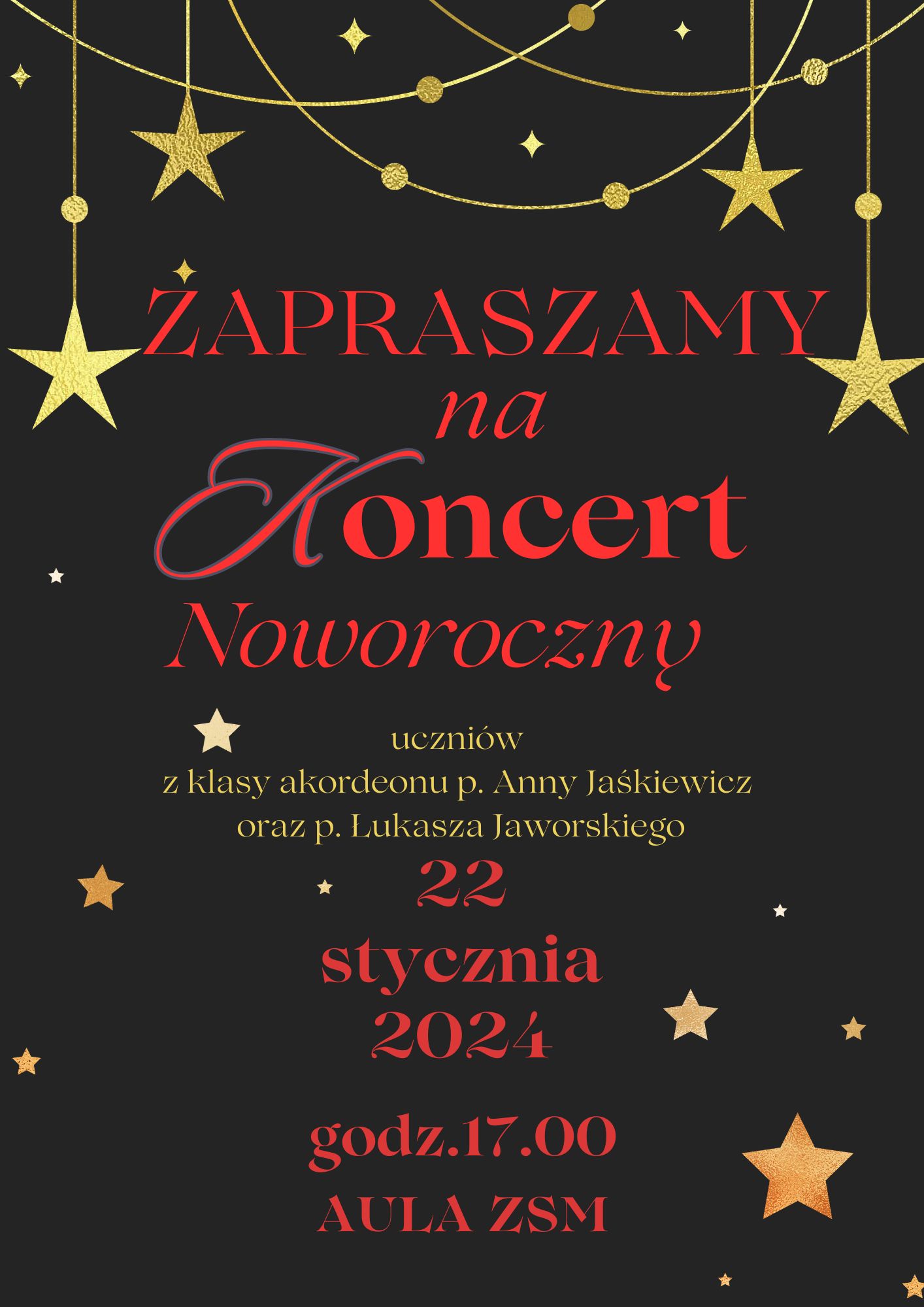 Czarne tło, czerwony napis informacje o koncercie noworocznym akordeonistów