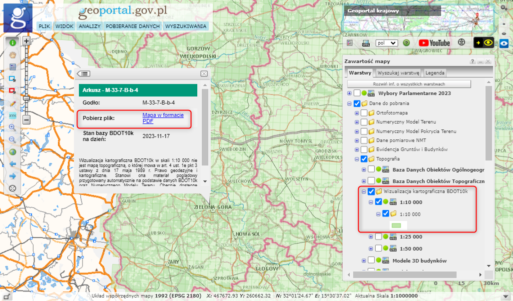 Ilustracja przedstawia zrzut ekranu z serwisu www.geoportal.gov.pl prezentujący sposób pobierania wizualizacji kartograficznych BDOT10k.