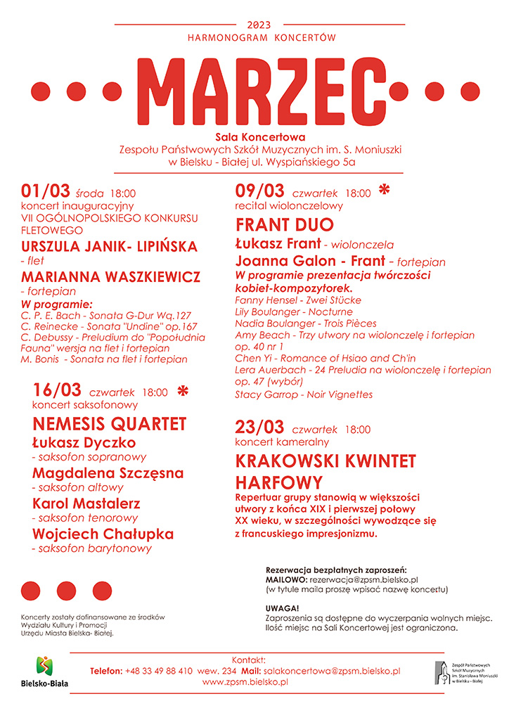 Plakat na białym tle, czerwona czcionka. Harmonogram koncertów w sali koncertowej ZPSM w Bielsku-Białej
