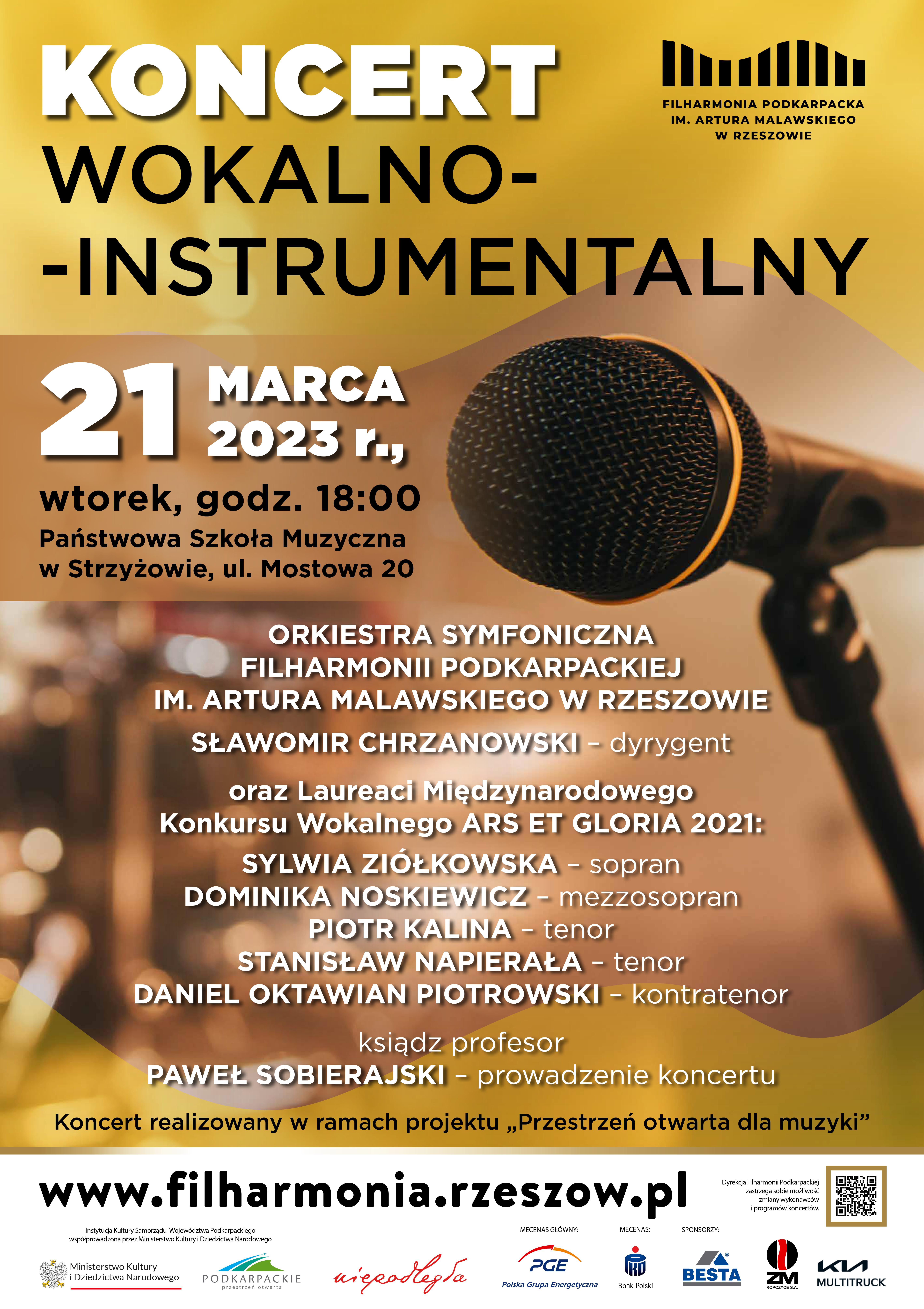 Plakat w kolorystyce odcieni złota i brązu. U góry czarno biały napis „koncert wokalno-instrumentalny” obok którego umieszczono czarne logo Filharmonii Podkarpackiej. W środkowej części plakatu z lewej strony duża data i miejsce koncertu, oraz centralnie lista wykonawców. W tle, z prawej strony czarny mikrofon na statywie. Dół plakatu to biały pas, na którym wymienieni zostali organizatorzy, partnerzy i sponsorzy wydarzenia w postaci napisów i logotypów.