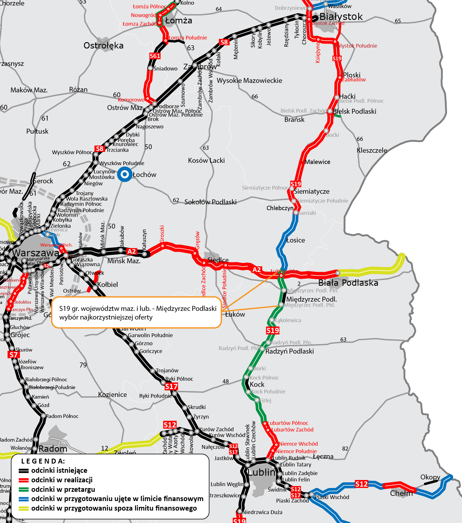 S19 granica województwa - Miedzyrzec Podlaski mapa z zaznaczonym odcinkiem 