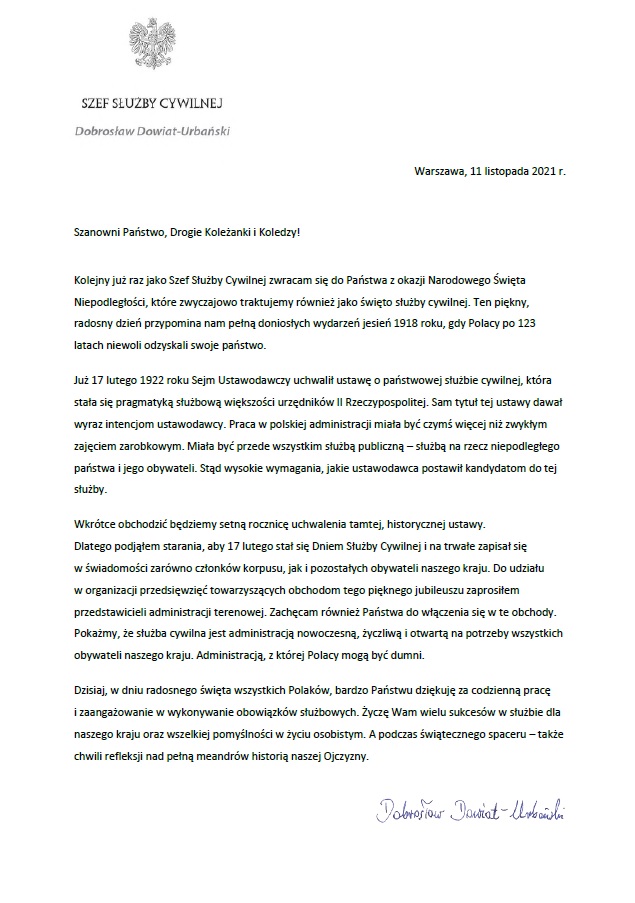 List Szefa Służby Cywilnej do członków korpusu służby cywilnej