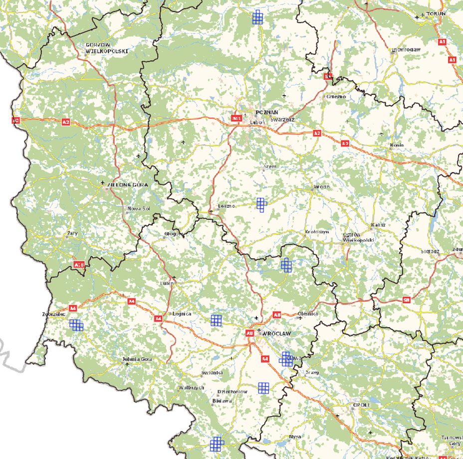 Ilustracja przedstawia zrzut ekranu z zasięgiem nowo przyjętych danych dla obszaru województwa dolnośląskiego i wielkopolskiego.