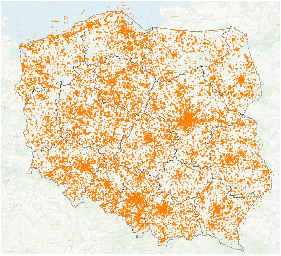 Mapa prezentująca przybliżone pozycje GNSS użytkowników wykonujących pomiary we wrześniu 2023 roku