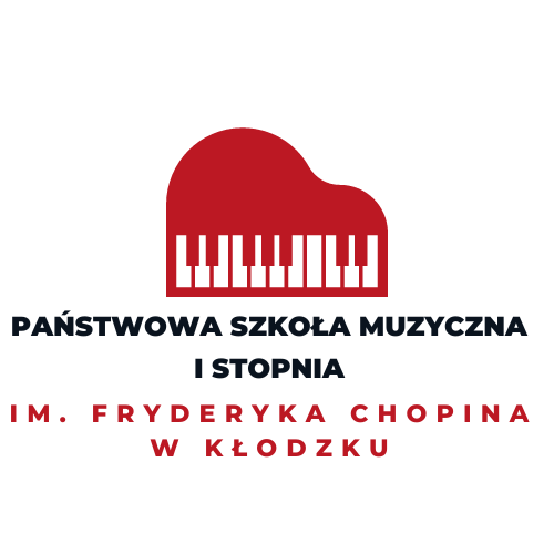 Logo szkoły z grafika czerwonego fortepianu, czarnym tekstem "Państwowa Szkoła Muzyczna I stopnia" oraz czerwonym tekstem "im. Fryderyka Chopina w Kłodzku