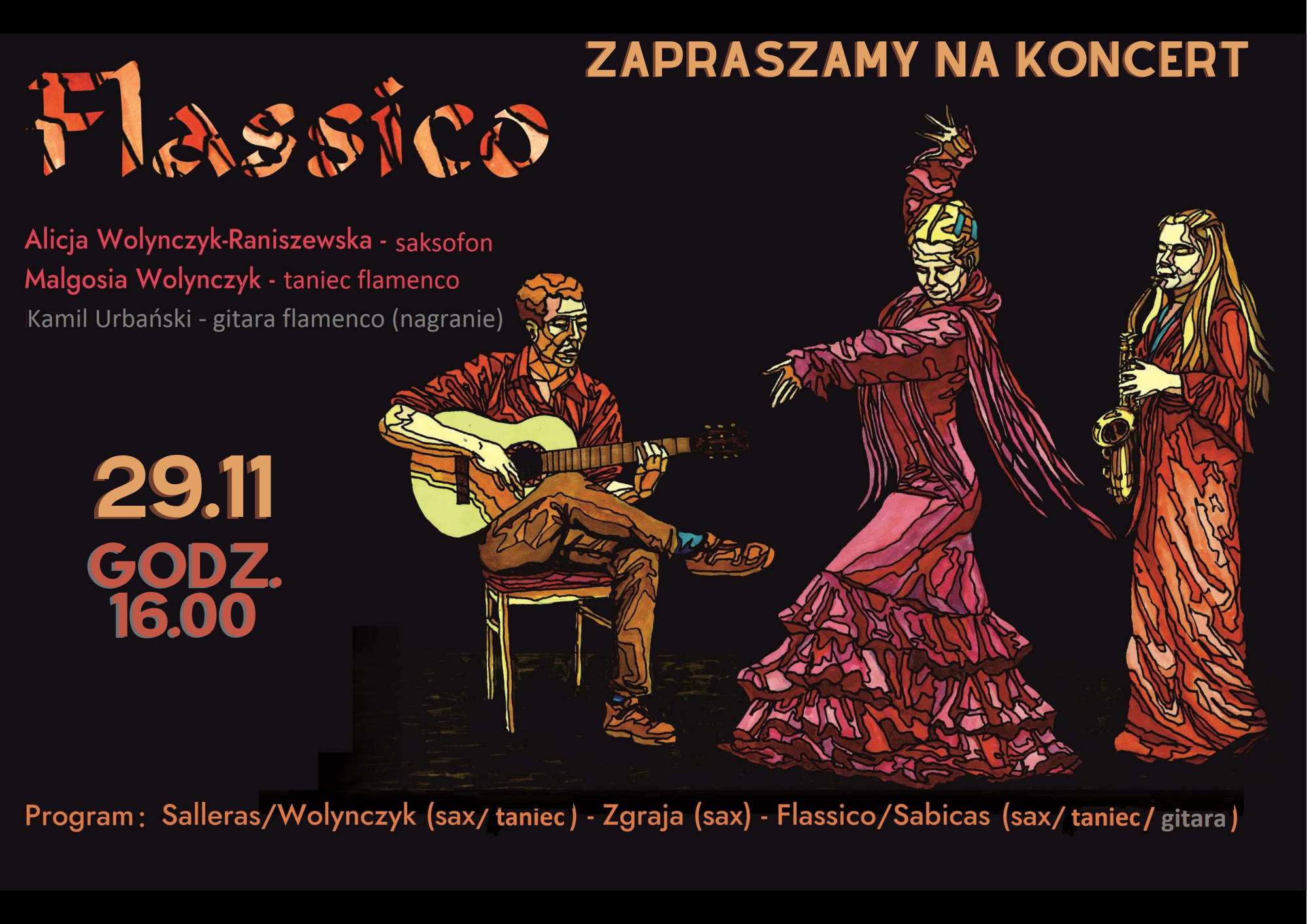 Plakat koncertu przedstawiające gitarzystę, saksofonistkę i tancerkę na czarnym tle