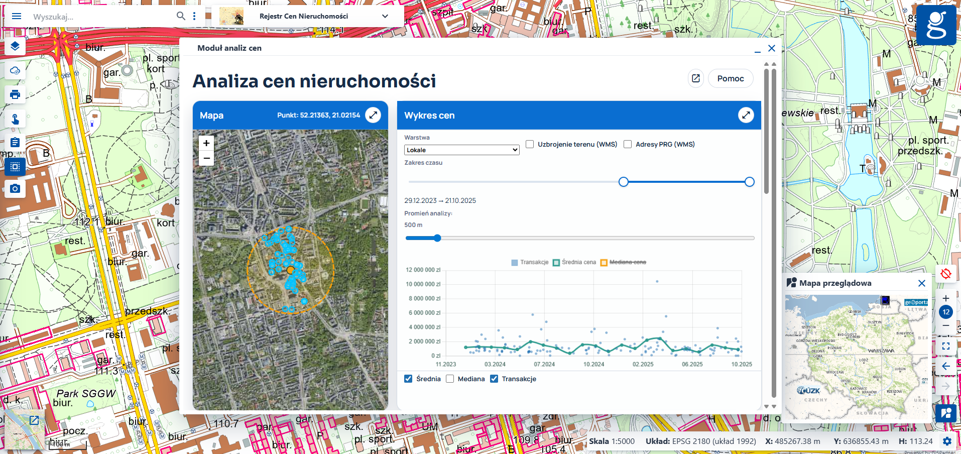 Zrzut ekranu ukazuje widok okna Modułu analiz cen.