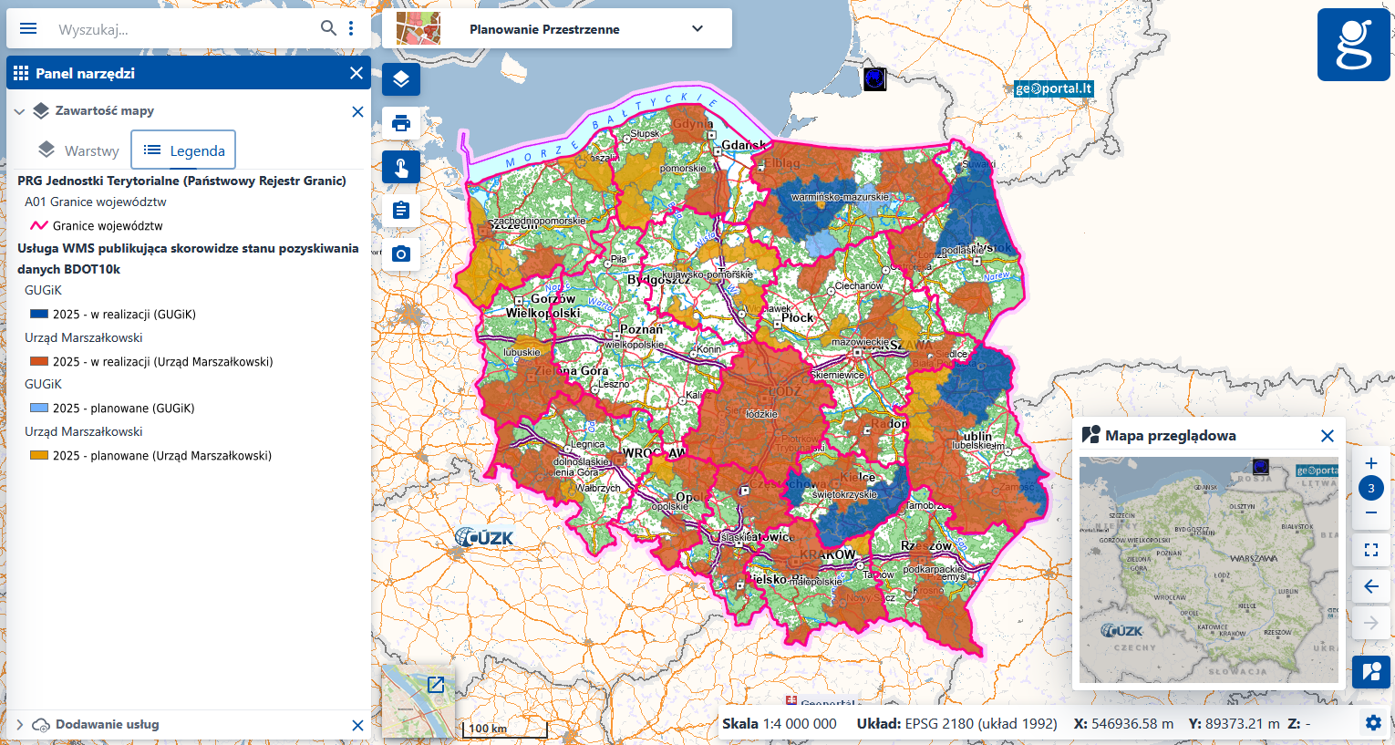 Ilustracja przedstawia widok usługi "Monitoring pozyskiwania danych" w zakresie realizowanej i planowanej przez GUGiK i UM aktualizacji zbiorów BDOT10k w 2025 roku