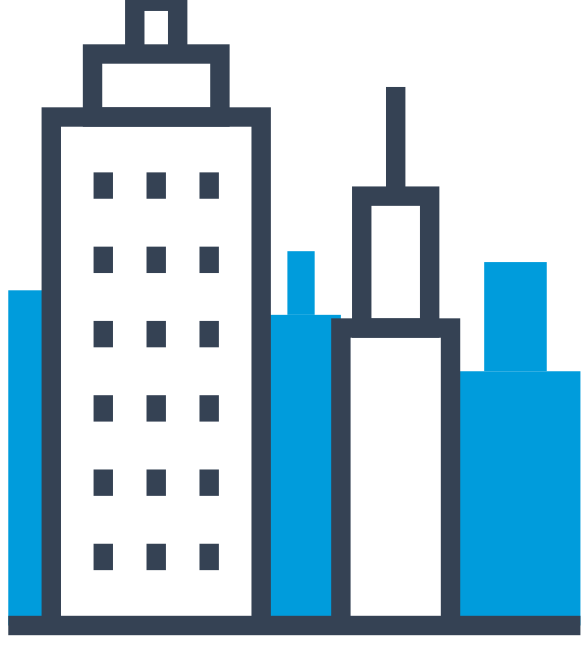 Biuro w centrum miasta: przedstawia dwa budynki wysokościowce aw tle budynków w oddali znajduje się kolejne trzy budynki w kolorze niebieskim. Symbolizuje / ilustruje biuro w centrum miasta.