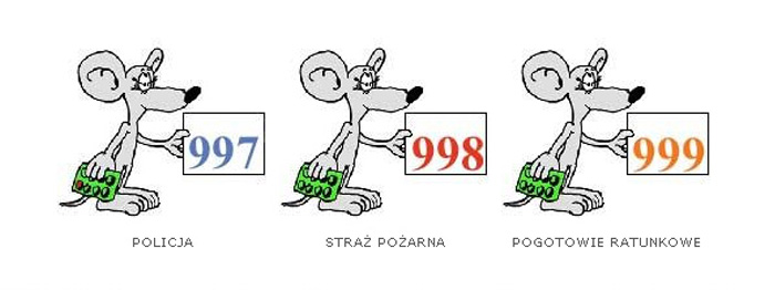 rysunek przedstawia trzy myszki, które trzymają karty z numerami alarmowymi. Pierwsza myszka trzyma kartę z numerem 997, który pozwala dodzwonić się na Policję, druga myszka trzyma kartę z numerem 998, który pozwala dodzwonić się na straż pożarną. Trzecia myszka trzyma kartę z numerem 999 pozwalającym dodzwonić się na pogotowie ratunkowe
