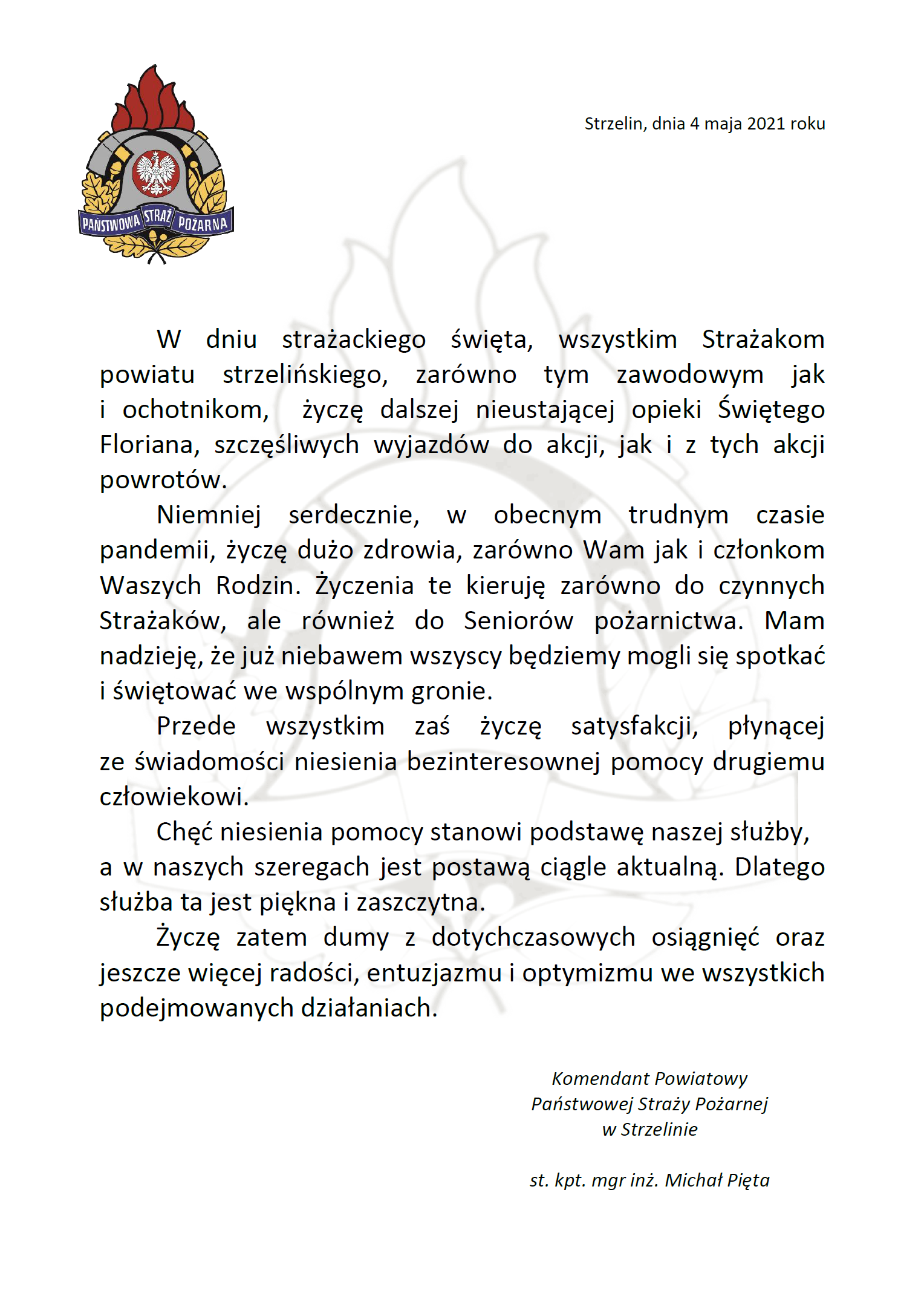 Życzenia Komendanta Powiatowego Państwowej Straży Pożarnej w Strzelinie z okazji Dnia Strażaka