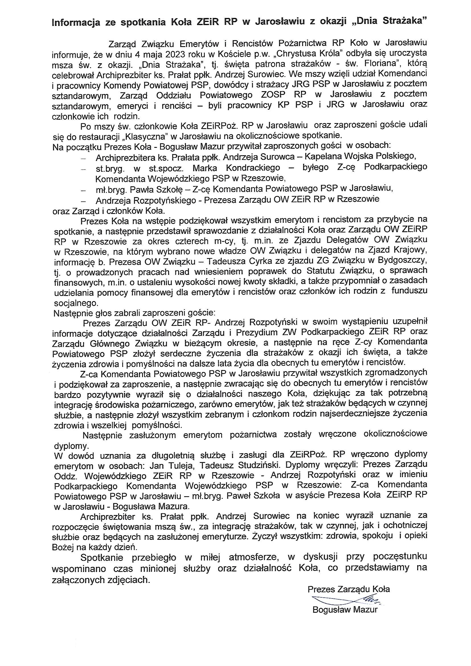 Informacja ze Spotkania Koła Związku Emerytów i Rencistów Pożarnictwa RP Jarosławiu