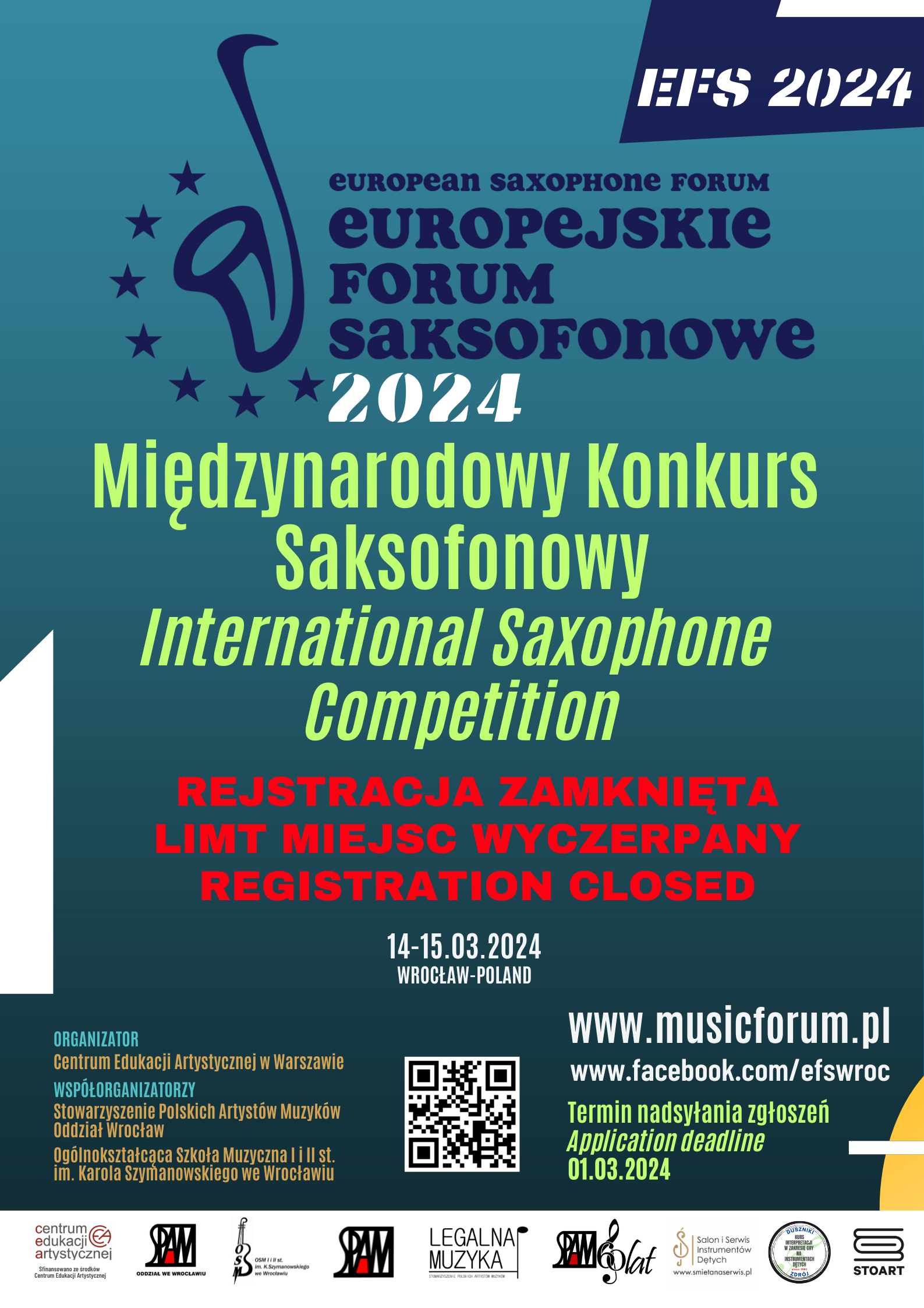 plaqkat w niebiesko-zielonej tonacji, zawierający napisy: "Europejskie Forum Saksofonowe 2024", logo organizatorów oraz datę konkursu