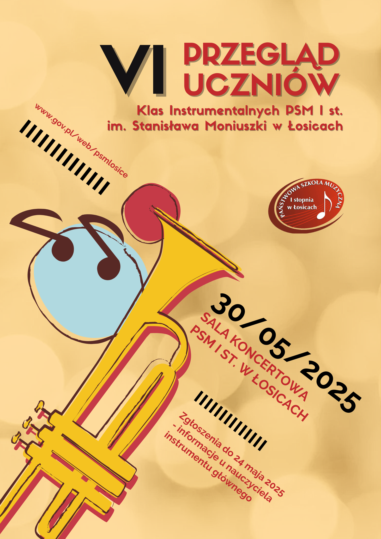 Plakat VI Przeglądu Uczniów Klas Instrumentalnych PSM I st. im Stanisława Moniuszki w Łosicach