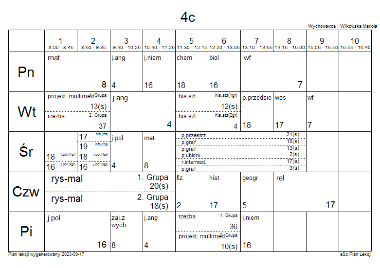 Na białym tle umieszczono plan lekcji dla pojedynczej klasy. Grafika składa się z tabelki w której umieszczono w układzie tygodniowym nazwy skrótowe szkolnych przedmiotów.