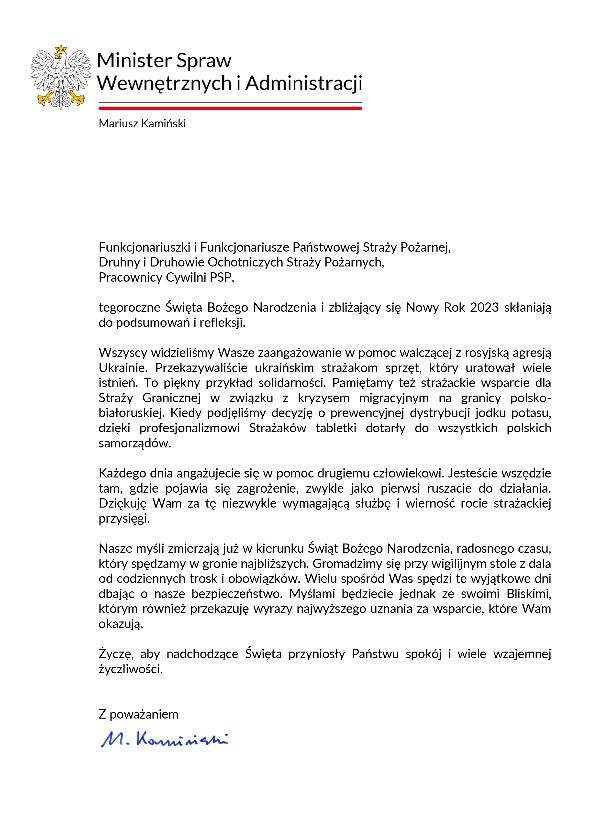 Życzenia Bożonarodzeniowe Ministra Spraw Wewnętrznych i Administracji