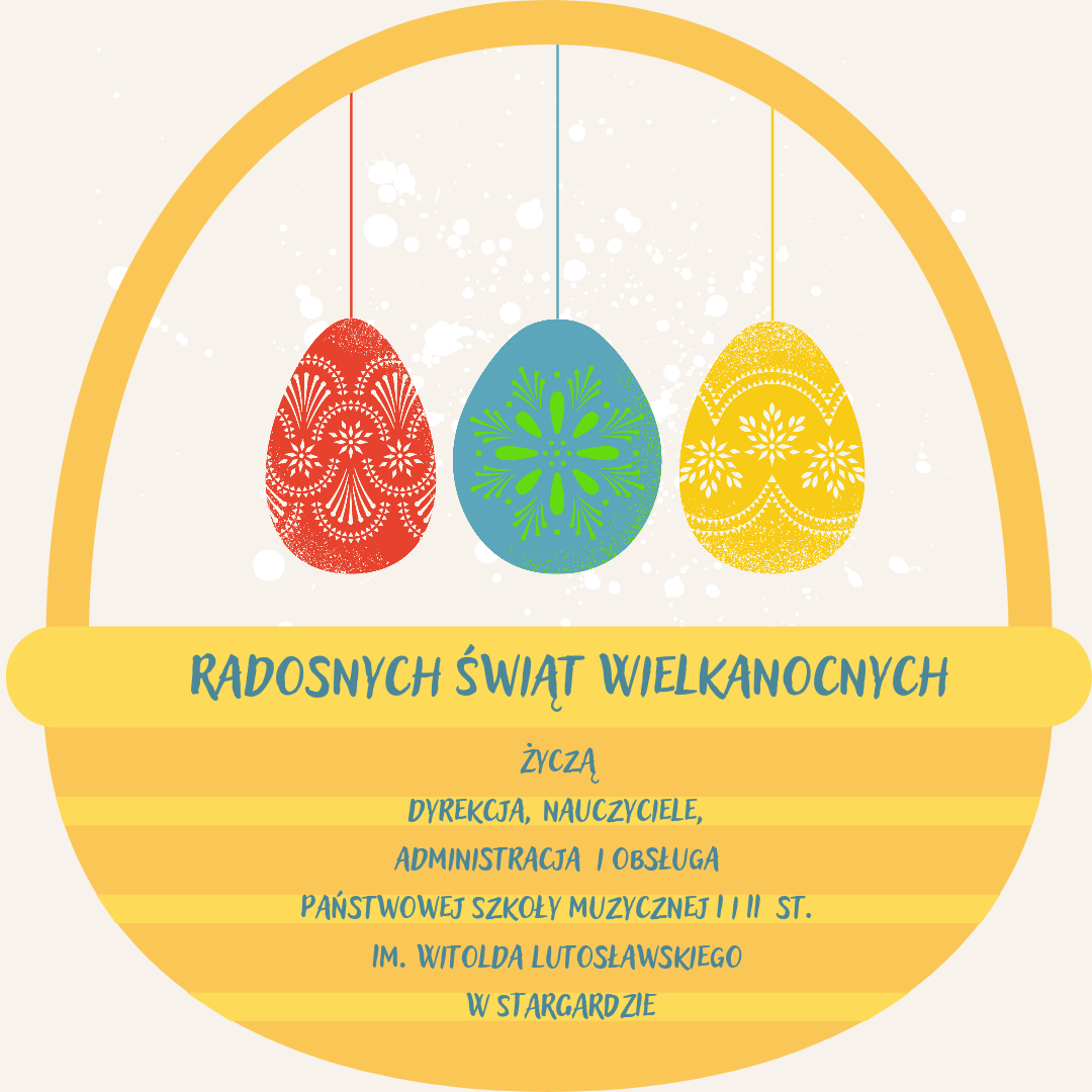 Wielkanocna kartka świąteczna przedstawiająca żółty koszyczek. Na jego rączce powieszone są trzy kolorowe pisanki - czerwona, niebieska i żółta. Na koszyczku napisane są życzenia świąteczne. 