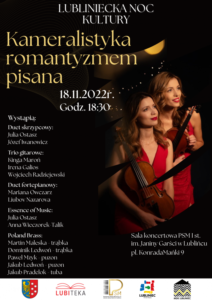 Plakat na czarnym tle ze zdjęciem dwóch skrzypaczek, logotypami szkoły, ....na dole strony i szczegółową informacją o koncercie .... w dniu 18.11.2022 