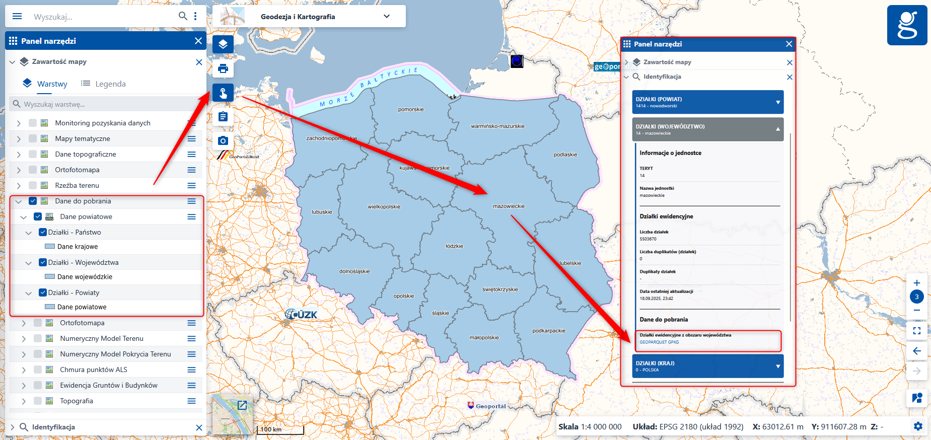 Ilustracja przedstawia mapę z informacjami z warstwy "Dane powiatowe"
