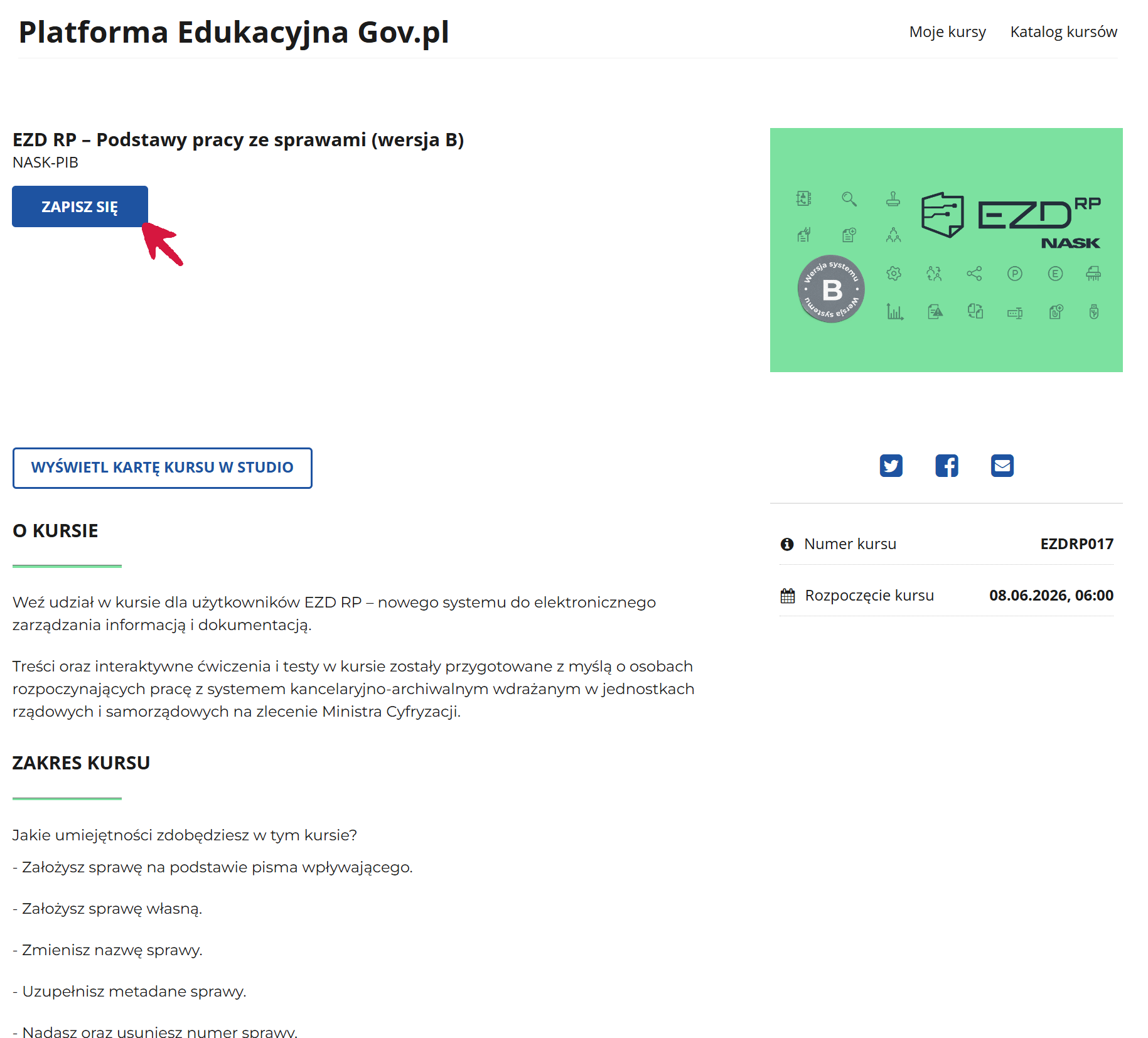 Strona główna kursu „EZD RP – Podstawy pracy ze sprawami (wersja B)”.