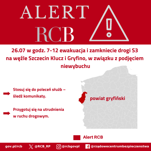 Alert RCB 26 lipca, podjecie niewybuchu.