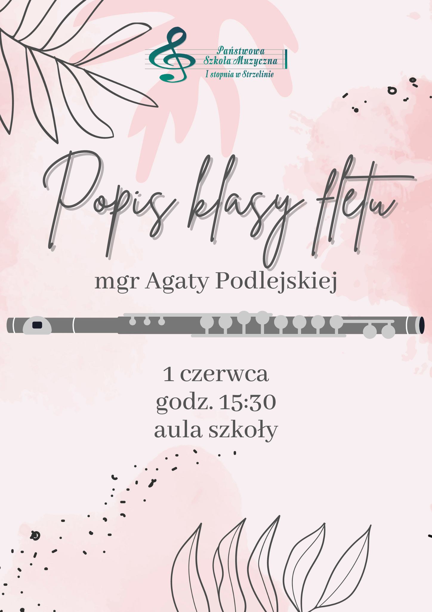 W centrum plakatu znajdują się informacje dotyczące wydarzenia. Plakat posiada botaniczne grafiki na jasnoróżowym tle. 