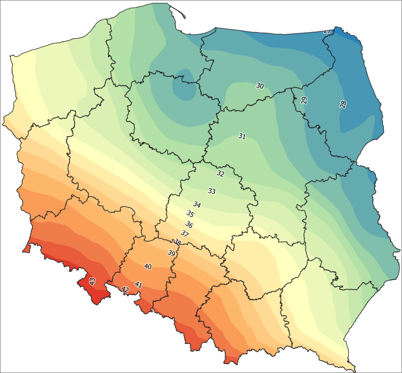 Rysunek przedstawia rozkład odstępów quasigeoidy od elipsoidy odniesienia na obszarze Polski