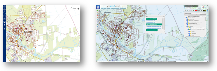 Ilustracja przedstawia zaktualizowany zbiór danych BDOT10k dla fragmentu powiatu sławieńskiego w Portalu BDOT10k oraz w usłudze Baza Danych Obiektów Topobraficznych.