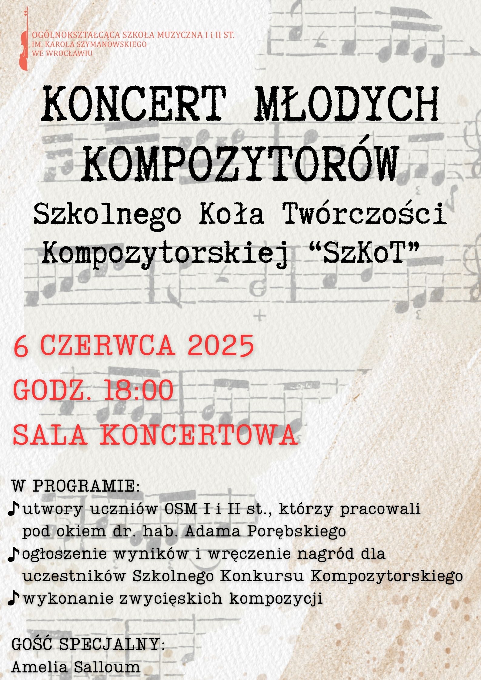 plakat zapowiadający Koncert szkolnego koła kompozytorskiego. Zawiera program koncertu