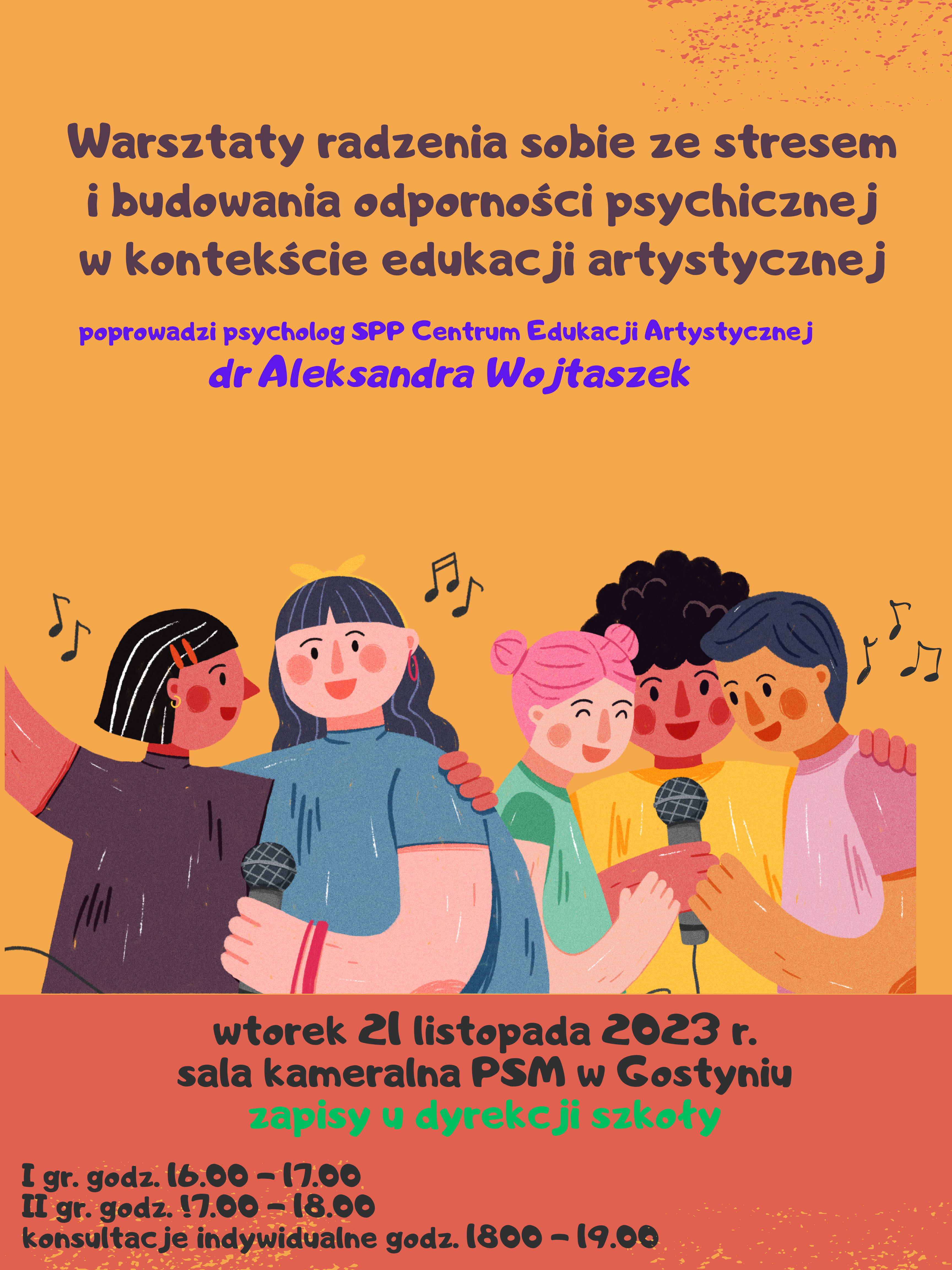 Informacja dotycząca warsztatów radzenia sobie ze stresem. Na obrazku widnieją dzieci z mikrofonami. 